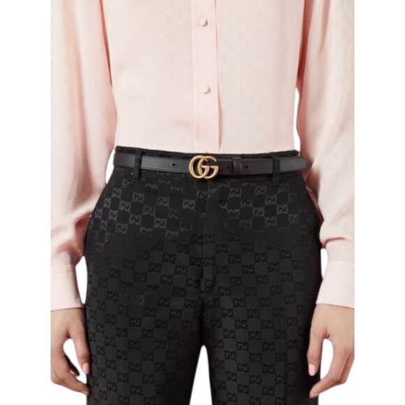 Gucci GG Logo Buckle Marmont Thin Belt Black Smooth Leather Size 80cm/32\